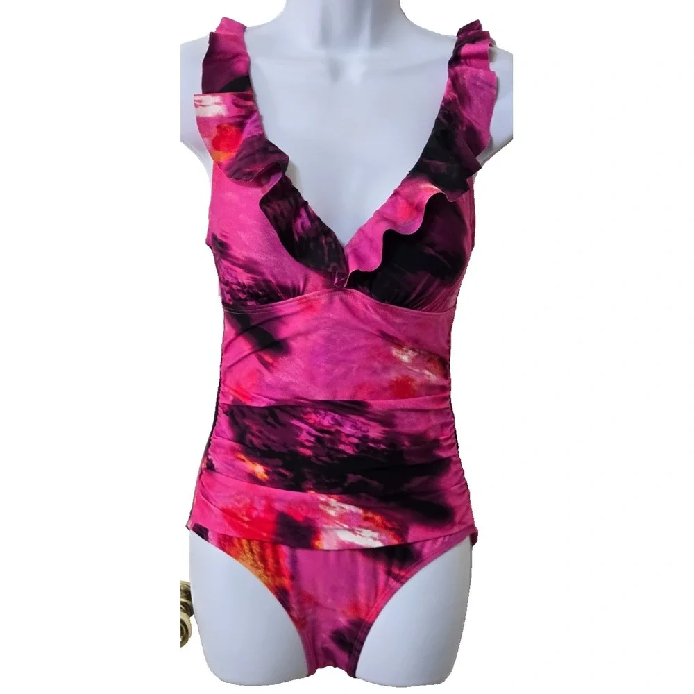 DKNY Ruffle Plunge Tummy Control 1 Piece Swimsuit Womens XL Fushia/BlacK NWT - Picture 2 of 13